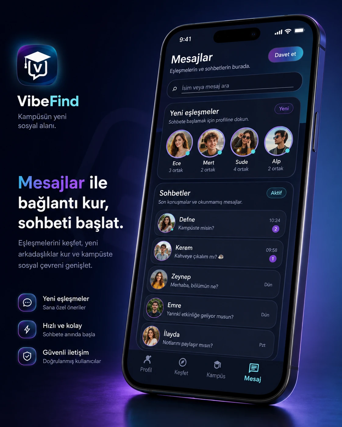 VibeFind Mesajlar ekranı